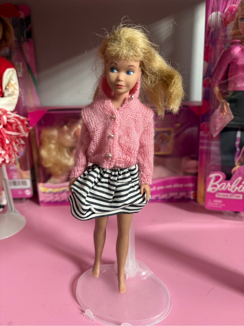 Vintage Skipper Doll in Pink Knit Sweater & Black-White Striped Skirt